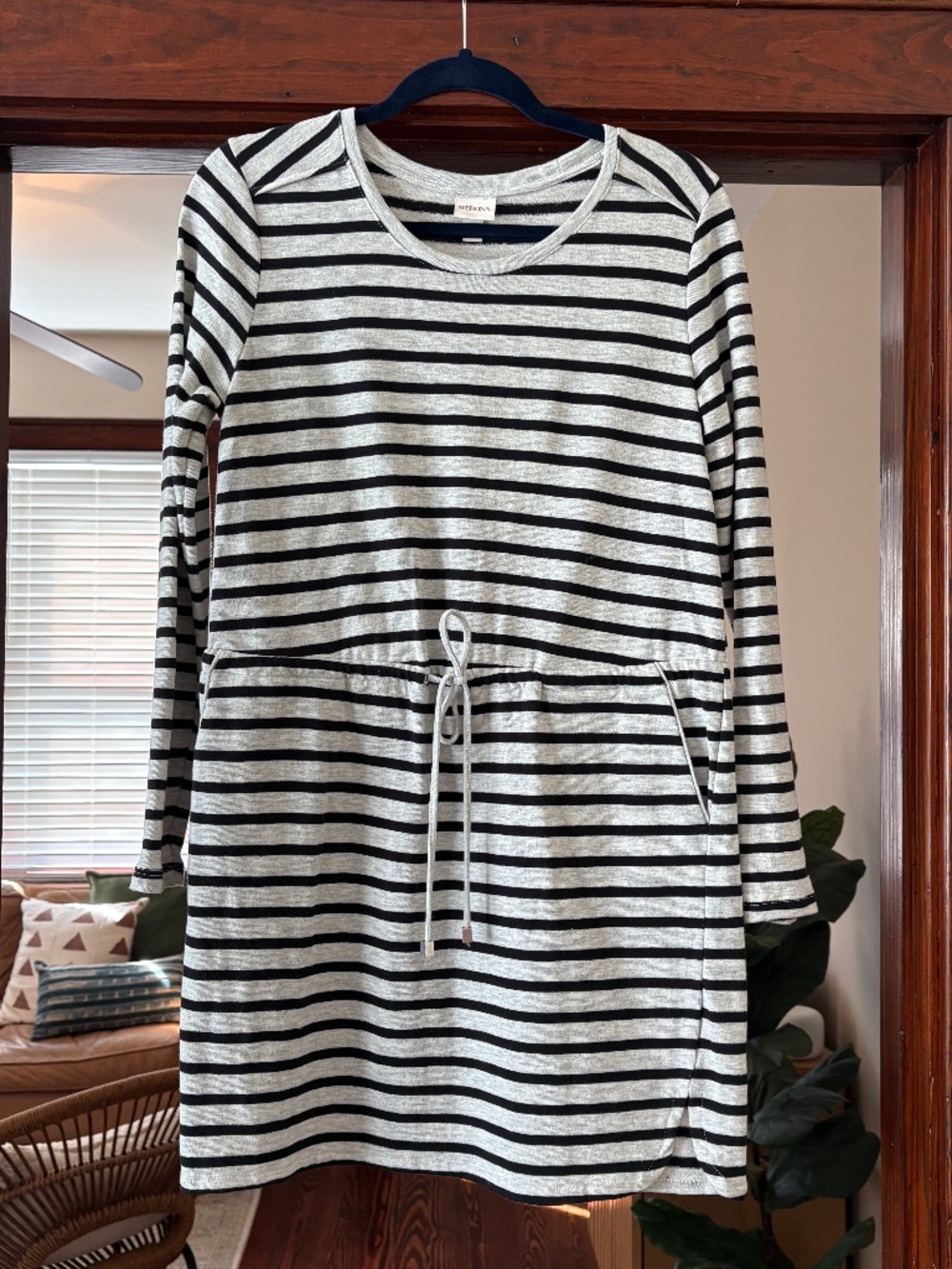 Merona Gray Black Striped Long Sleeve Drawstring Waist Dress Size S